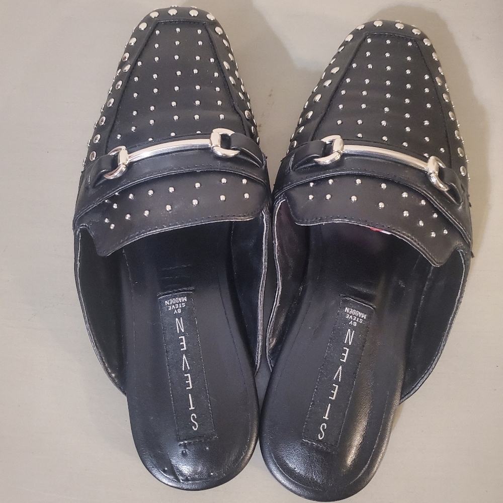 Steven by Steve Madden Razzi Black Leather Studded Loafer Slides Slip On Mules - Picture 7 of 7